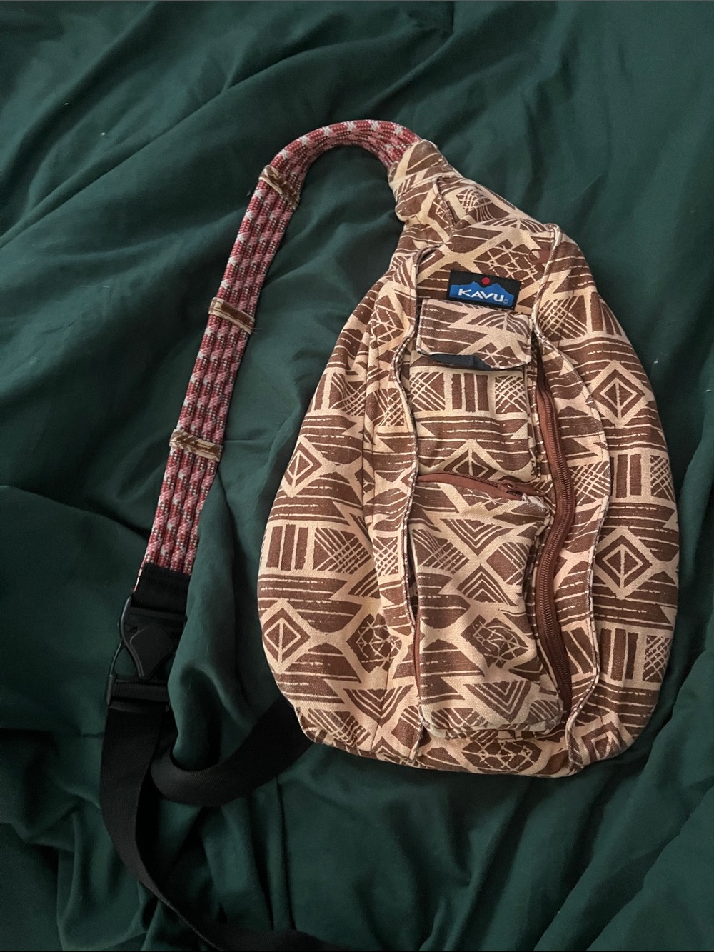 KAVU Brown Geometric Rope Sling Bag with Patterned Strap
